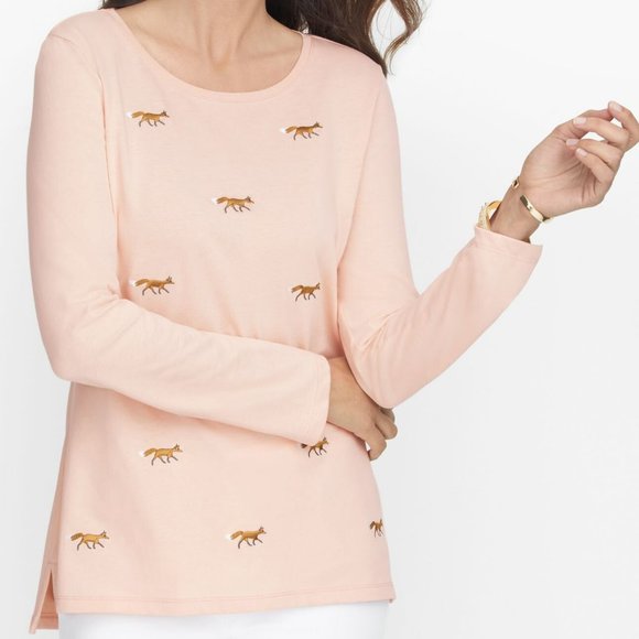 Talbots Embroidered Foxes Crew Neck Long Sleeved 100% Cotton Tee - LP - Picture 1 of 10